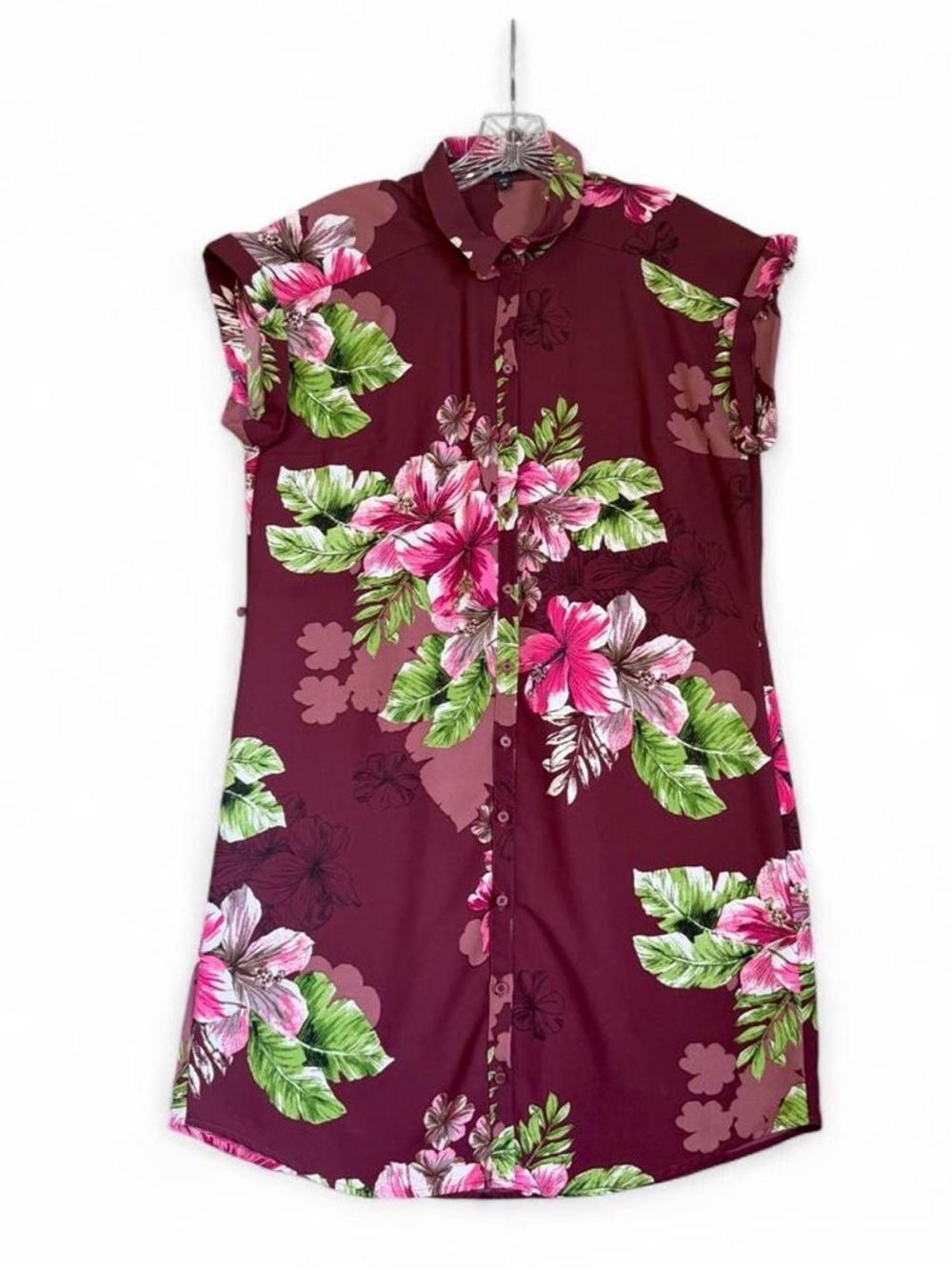 EXPRESS Burgundy Tropical Hibiscus Short Sleeve Full-Button Front Shirt Dress M